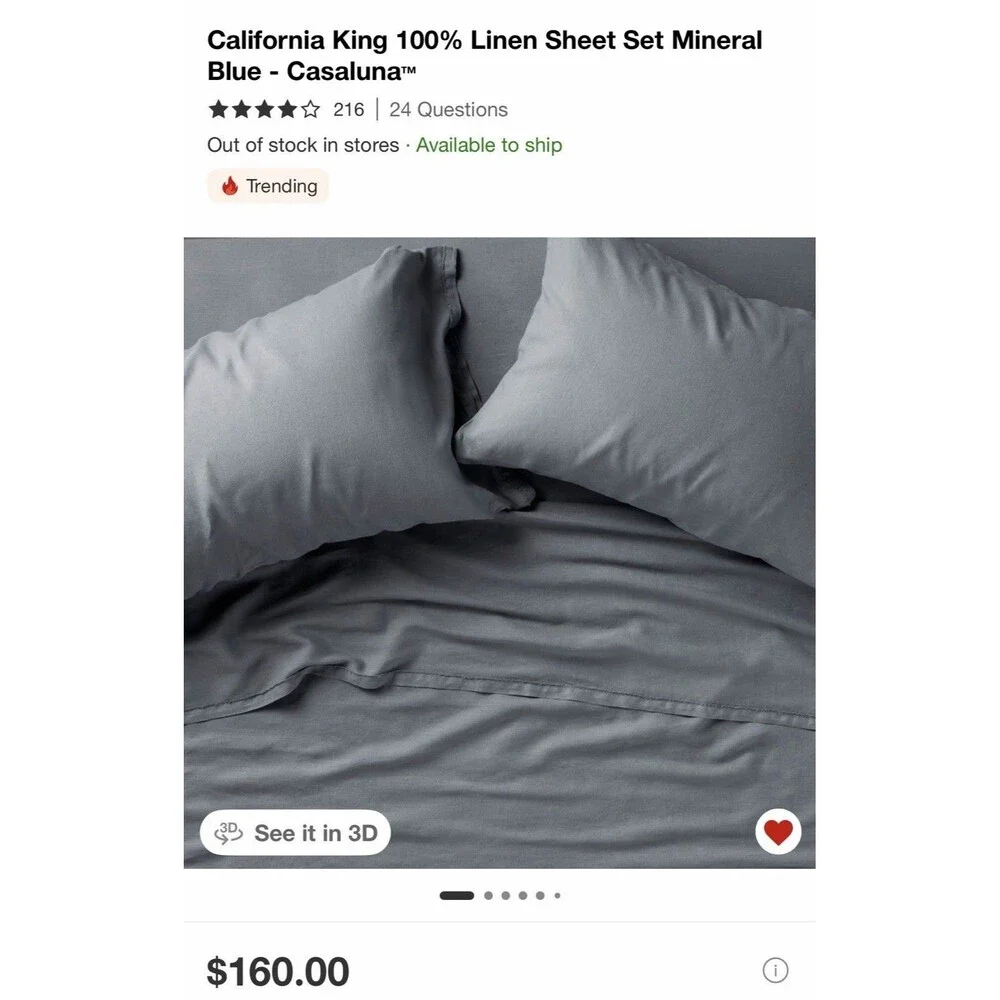 California King 100% Linen Sheet Set Mineral Blue - Casaluna NEW